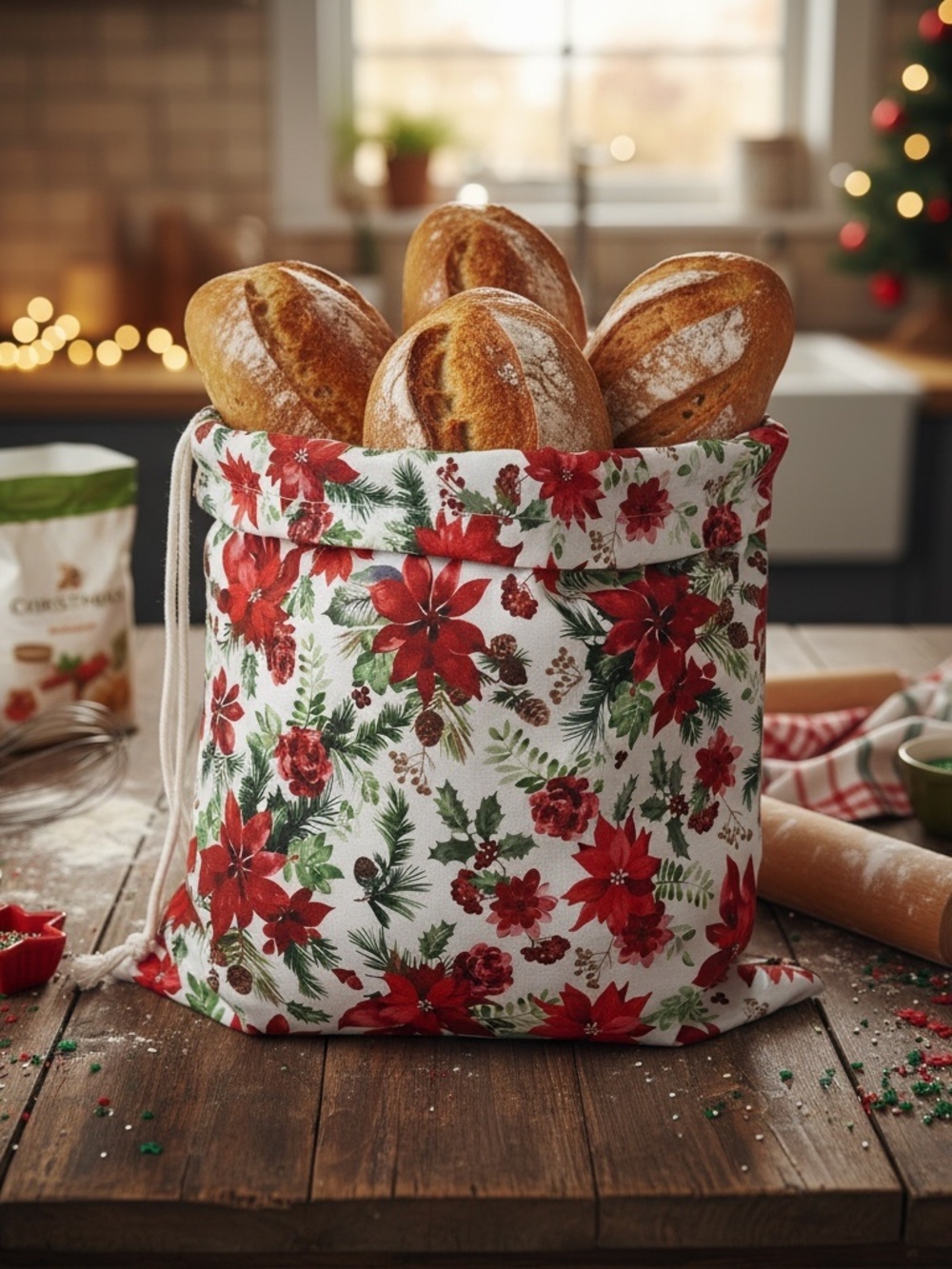 Christmas Holly Organic Cotton Bread Bag, Reusable Sourdough Bread Storage